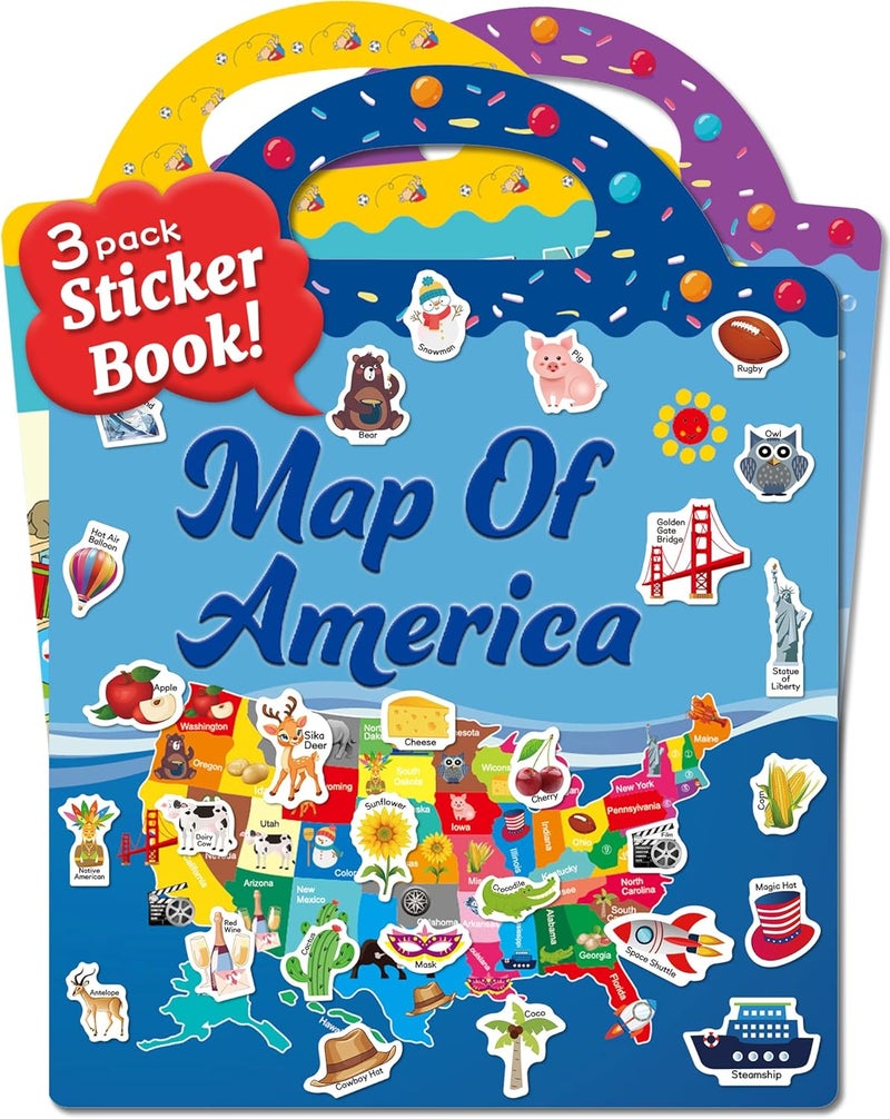 Benresive Reusable Sticker Books for Kids, Sticker Books for Toddlers, Toddler Travel Toys Activities Crafts Ages 3 and Up Birthday Gifts - America Map, Fairy, My House - Image 1